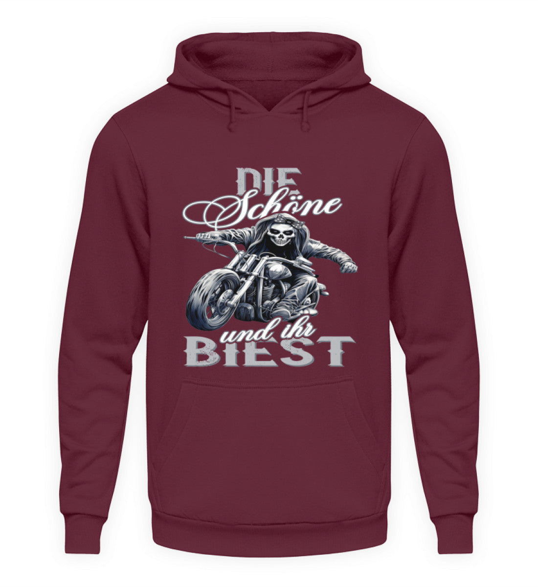 Ein Hoodie für Motorradfahrerinnen von Wingbikers mit dem Aufdruck, Die Schöne und ihr Biest - in weinrot.