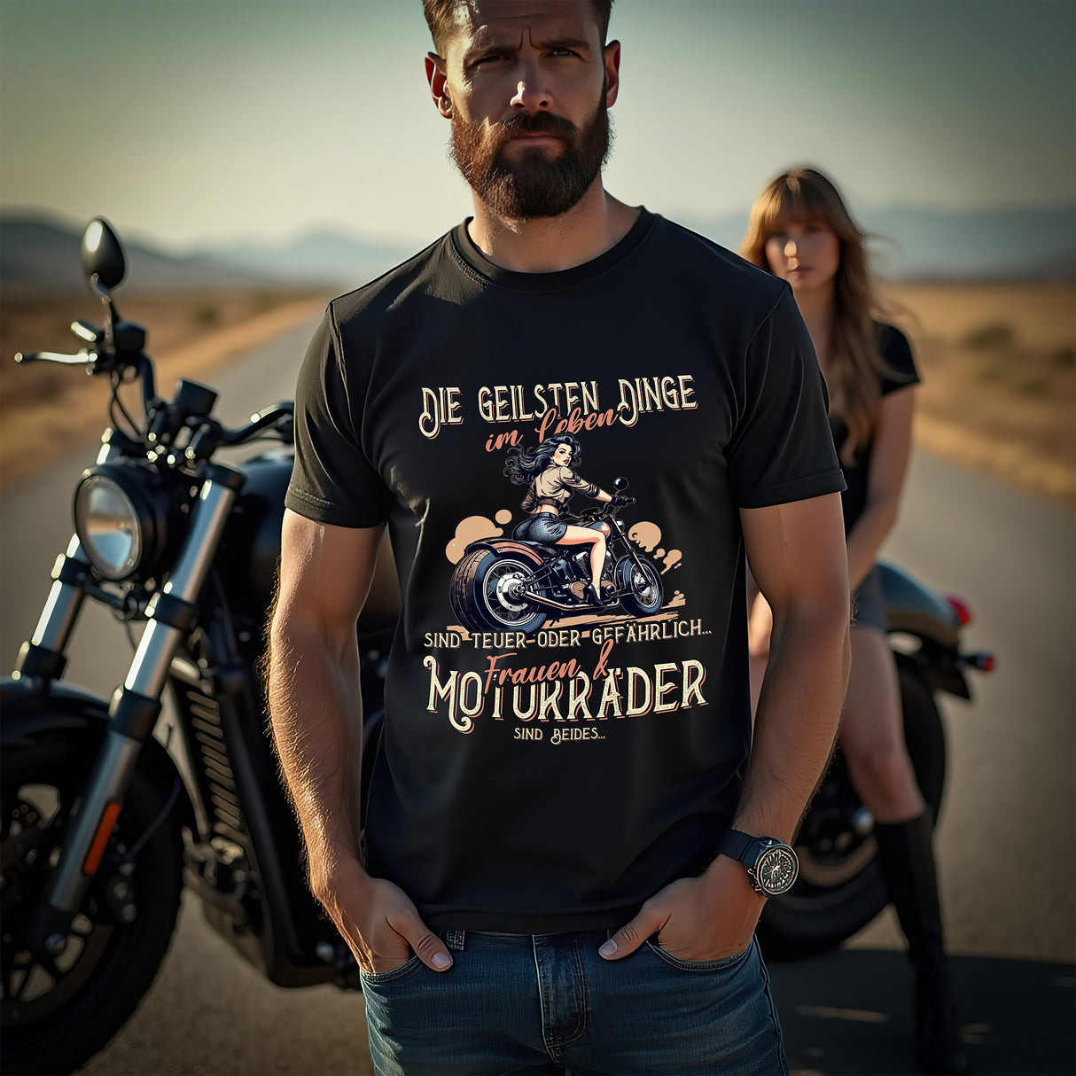 Ein Biker mit einem T-Shirt von Wingbikers, mit dem Aufdruck, die geilsten Dinge im Leben sind teuer oder gefährlich - Frauen und Motorräder sind beides, in Schwarz.