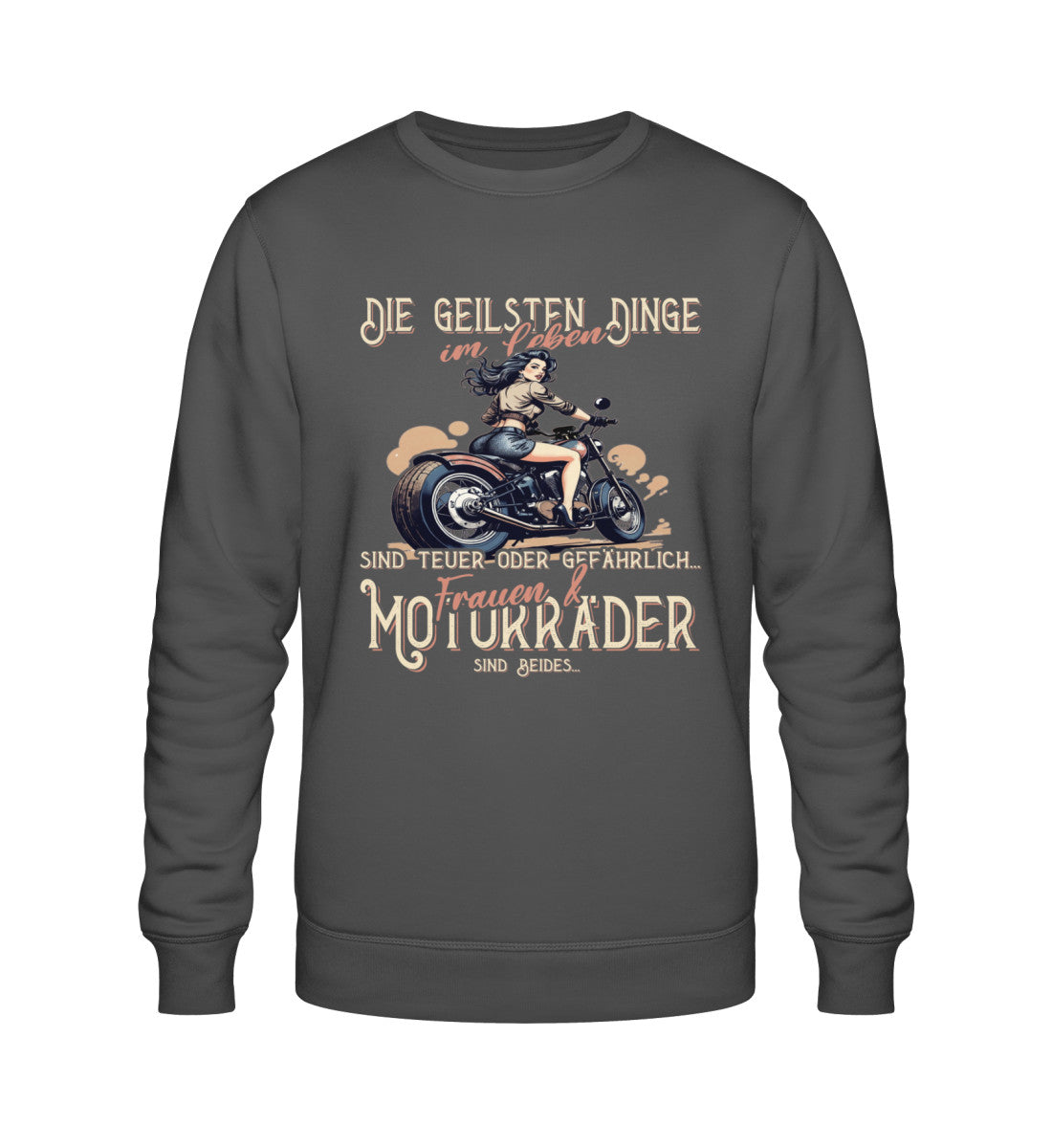 Ein Biker Sweatshirt von Wingbikers, mit dem Aufdruck, die geilsten Dinge im Leben sind teuer oder gefährlich - Frauen und Motorräder sind beides, in Dunkelgrau.