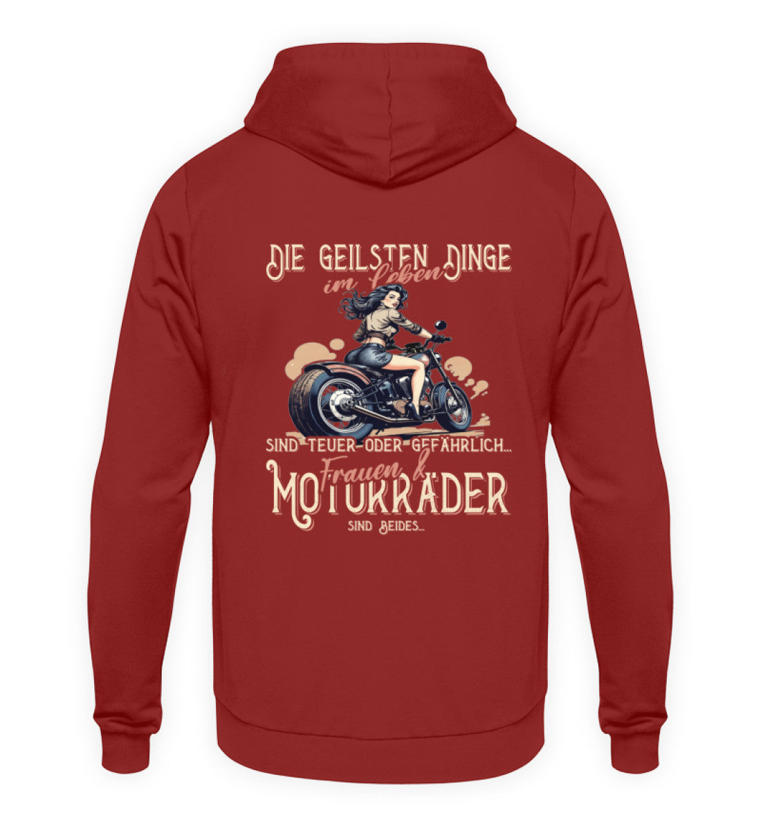 Ein Biker Hoodie von Wingbikers, mit dem Aufdruck, die geilsten Dinge im Leben sind teuer oder gefährlich - Frauen und Motorräder sind beides - mit Back Print, in rot.