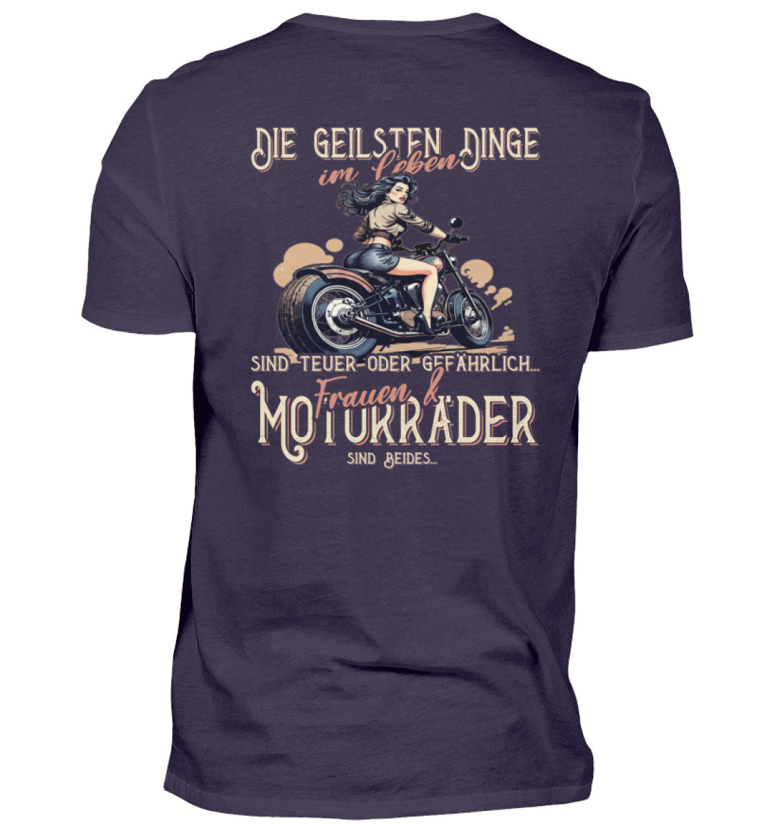 Ein Biker T-Shirt von Wingbikers, mit dem Aufdruck, die geilsten Dinge im Leben sind teuer oder gefährlich - Frauen und Motorräder sind beides - mit Back Print, in Aubergine.