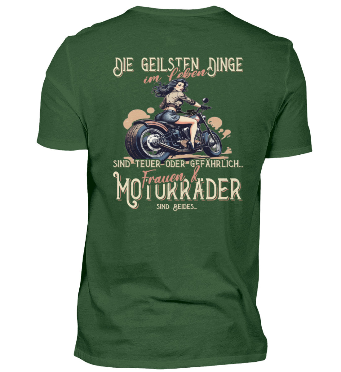 Ein Biker T-Shirt von Wingbikers, mit dem Aufdruck, die geilsten Dinge im Leben sind teuer oder gefährlich - Frauen und Motorräder sind beides - mit Back Print, in Dunkelgrün.