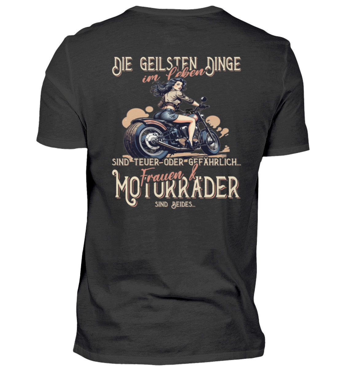 Ein Biker-T-Shirt von Wingbikers, mit dem Aufdruck, die geilsten Dinge im Leben sind teuer oder gefährlich - Frauen und Motorräder sind beides - mit Back Print, in Schwarz.
