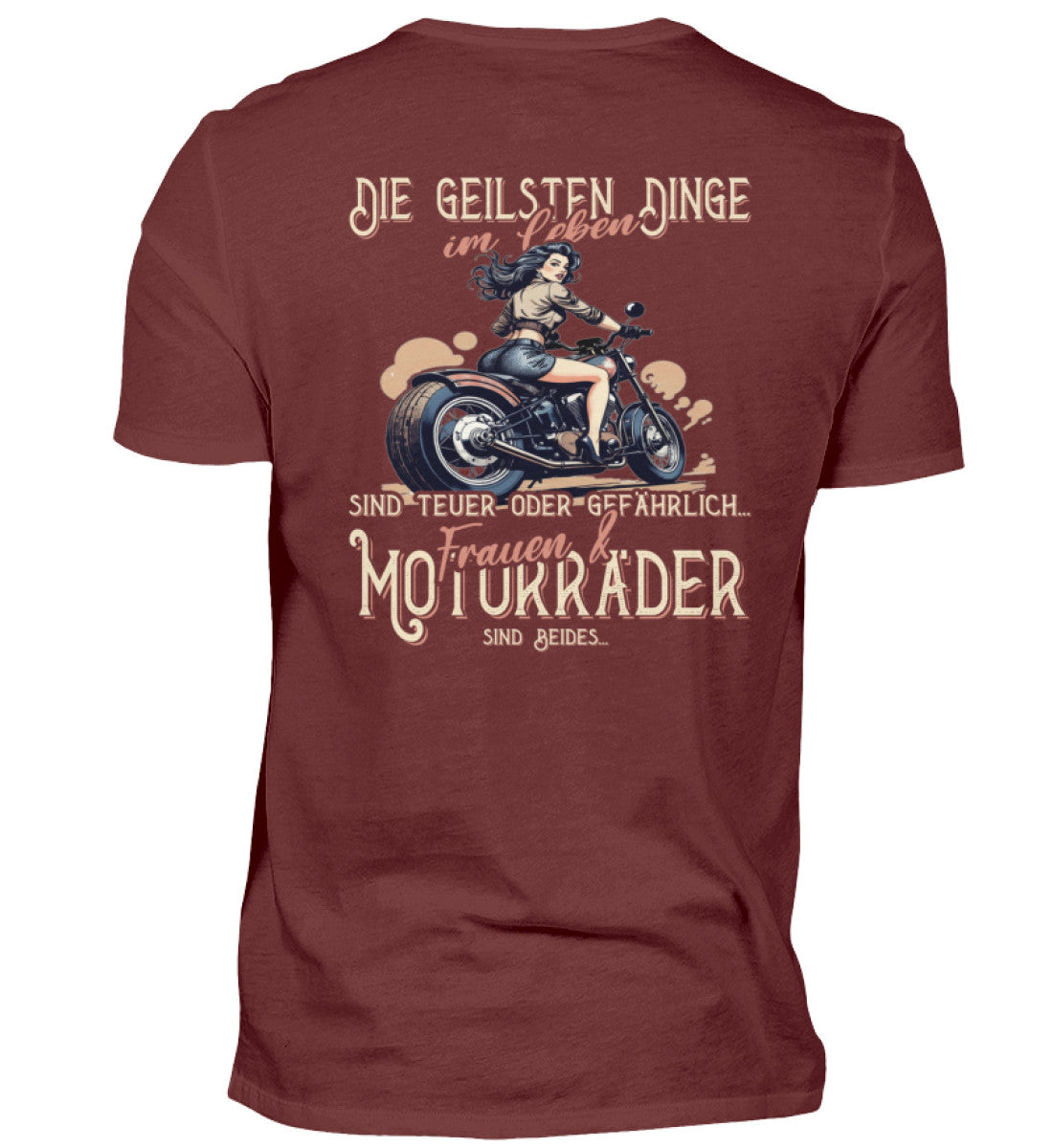 Ein Biker T-Shirt von Wingbikers, mit dem Aufdruck, die geilsten Dinge im Leben sind teuer oder gefährlich - Frauen und Motorräder sind beides - mit Back Print, in Weinrot.