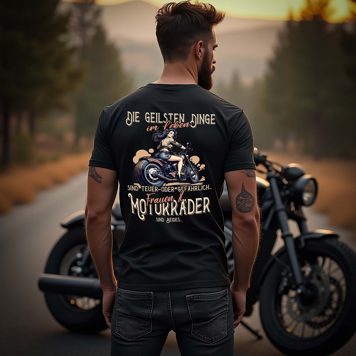 Ein Biker mit einem T-Shirt von Wingbikers, mit dem Aufdruck, die geilsten Dinge im Leben sind teuer oder gefährlich - Frauen und Motorräder sind beides, mit Back Print, in Schwarz.
