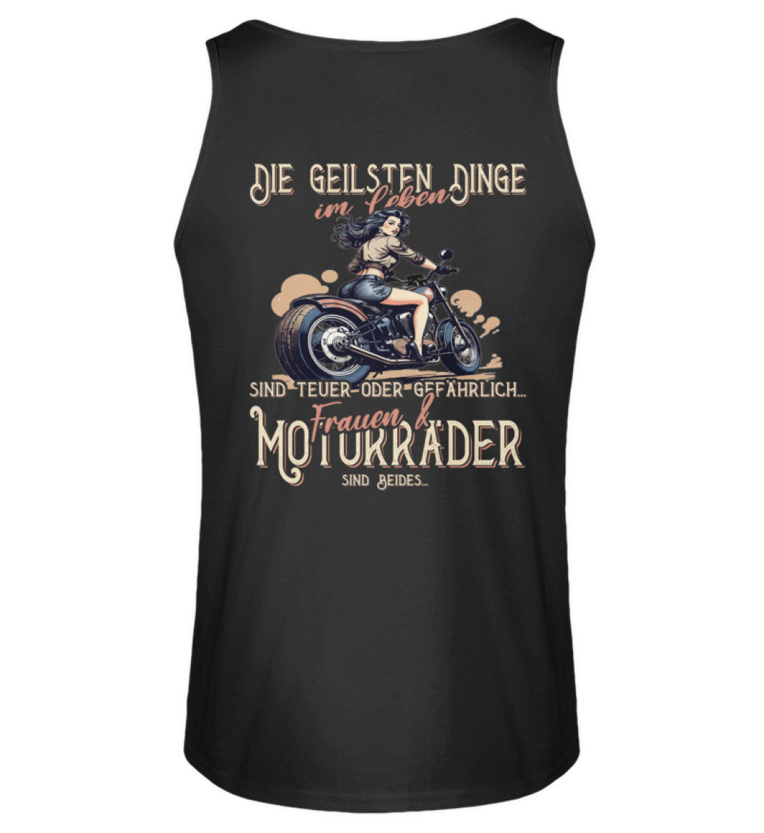 Ein Biker Tanktop von Wingbikers, mit dem Aufdruck, die geilsten Dinge im Leben sind teuer oder gefährlich - Frauen und Motorräder sind beides - mit Back Print, in Schwarz.
