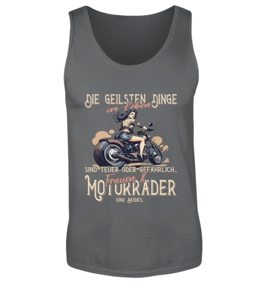 Ein Biker Tanktop von Wingbikers, mit dem Aufdruck, die geilsten Dinge im Leben sind teuer oder gefährlich - Frauen und Motorräder sind beides, in Dunkelgrau.