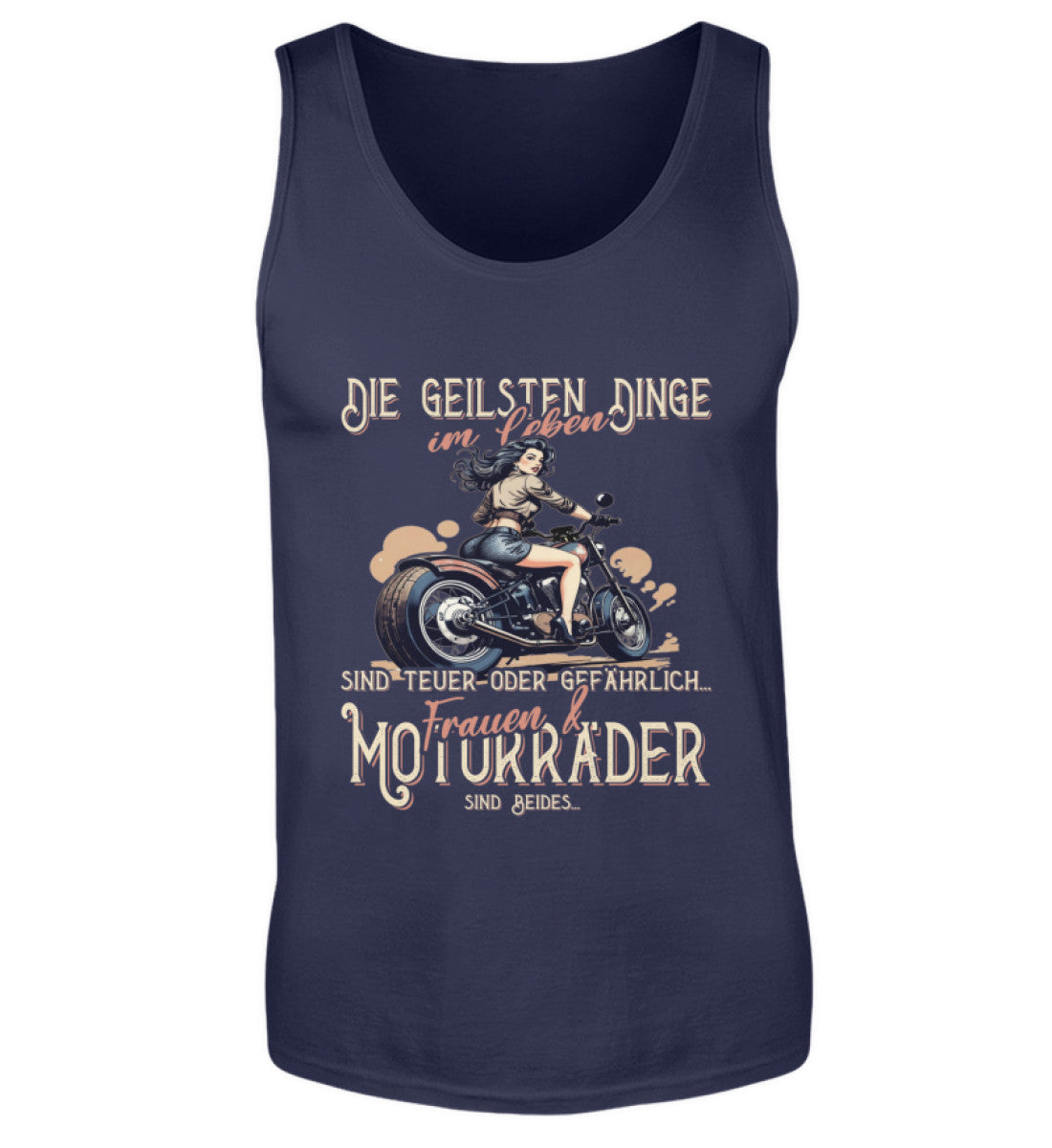 Ein Biker Tanktop von Wingbikers, mit dem Aufdruck, die geilsten Dinge im Leben sind teuer oder gefährlich - Frauen und Motorräder sind beides, in navy.