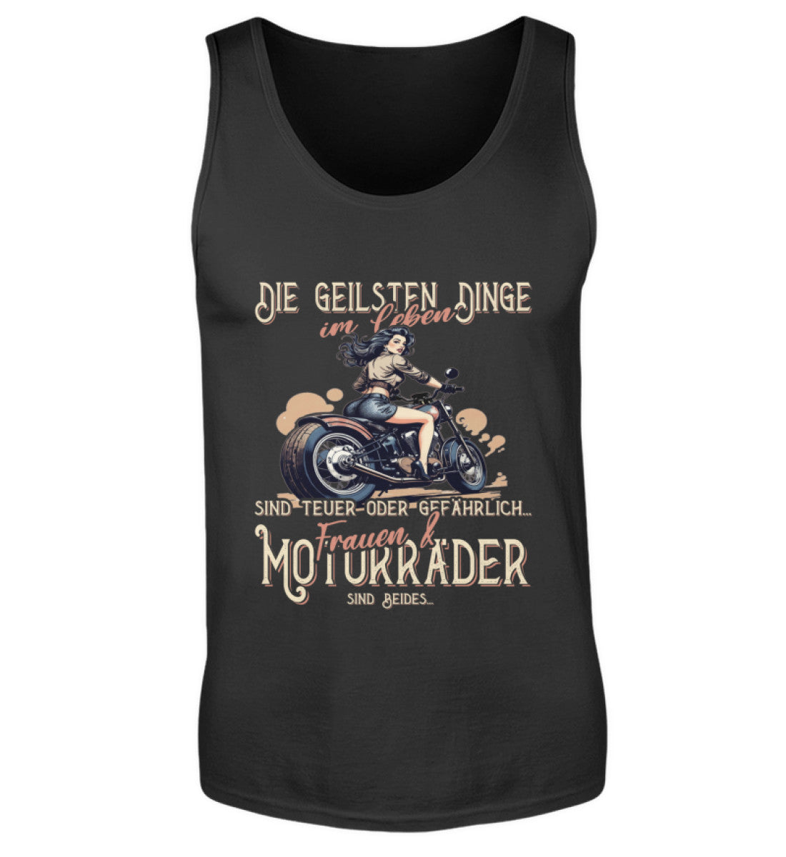 Ein Biker Tanktop von Wingbikers, mit dem Aufdruck, die geilsten Dinge im Leben sind teuer oder gefährlich - Frauen und Motorräder sind beides, in Schwarz.