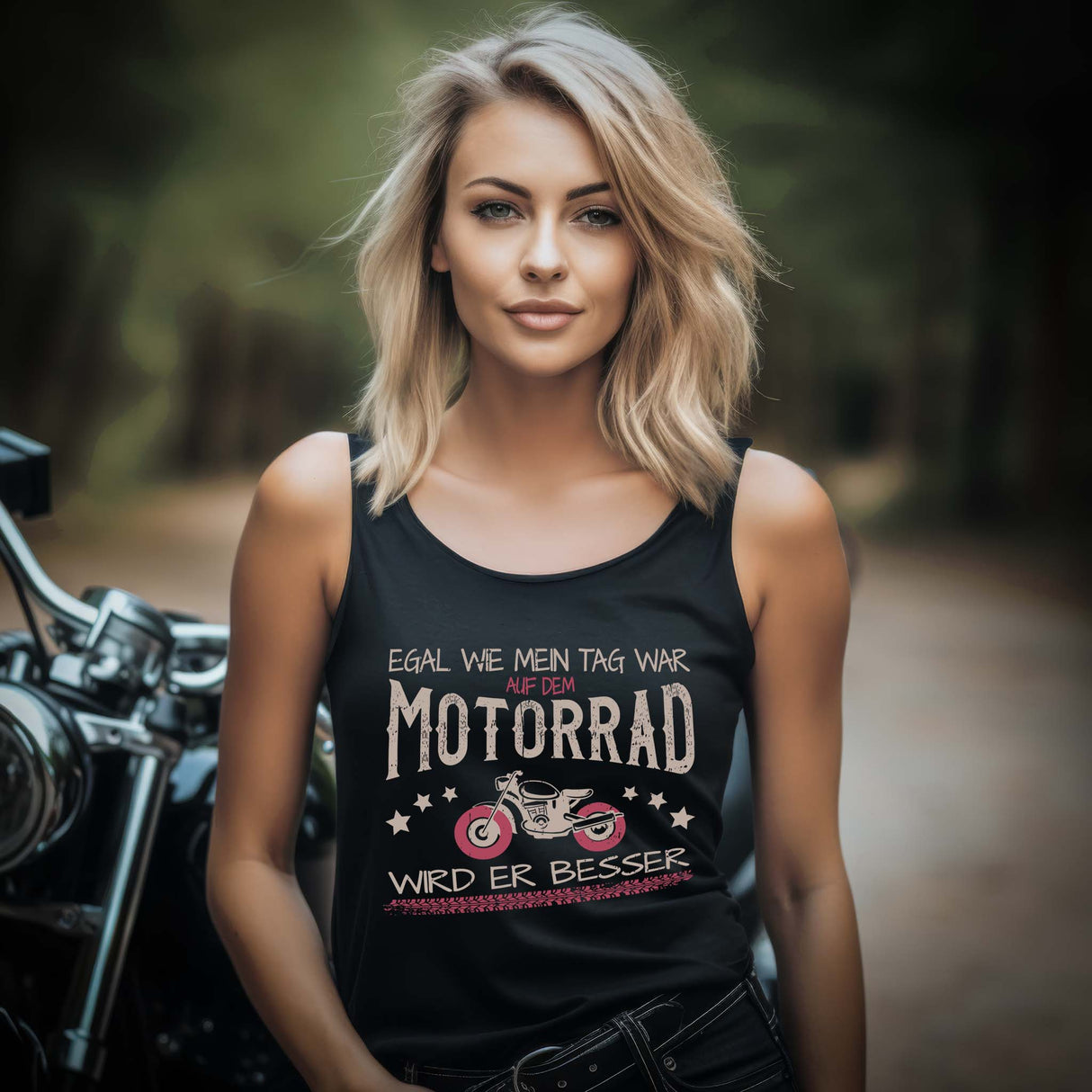 Eine Bikerin mit einem Tanktop für Motorradfahrerinnen von Wingbikers mit dem Aufdruck, Egal wie mein Tag war, in schwarz.