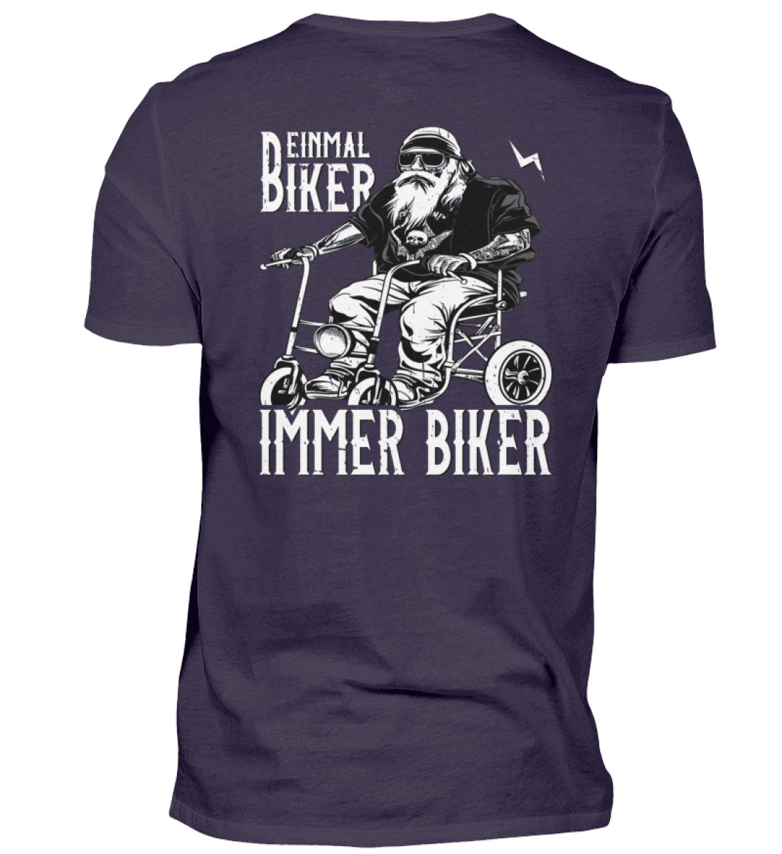 Ein Biker T-Shirt für Motorradfahrer von Wingbikers mit dem Aufdruck, Einmal Biker - Immer Biker - mit Back Print, in aubergine.