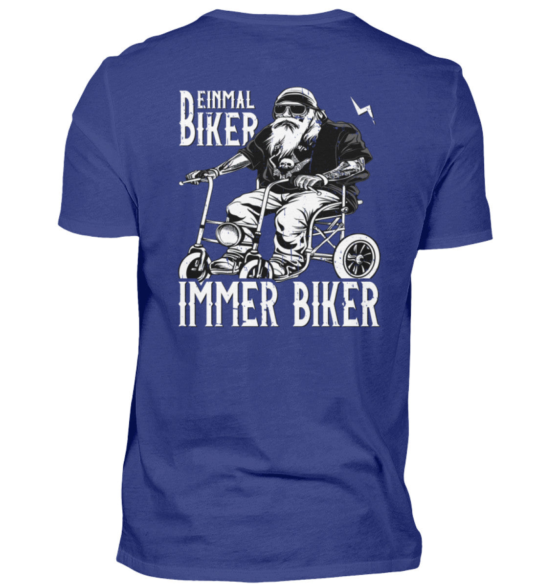 Ein Biker T-Shirt für Motorradfahrer von Wingbikers mit dem Aufdruck, Einmal Biker - Immer Biker - mit Back Print, in blau.