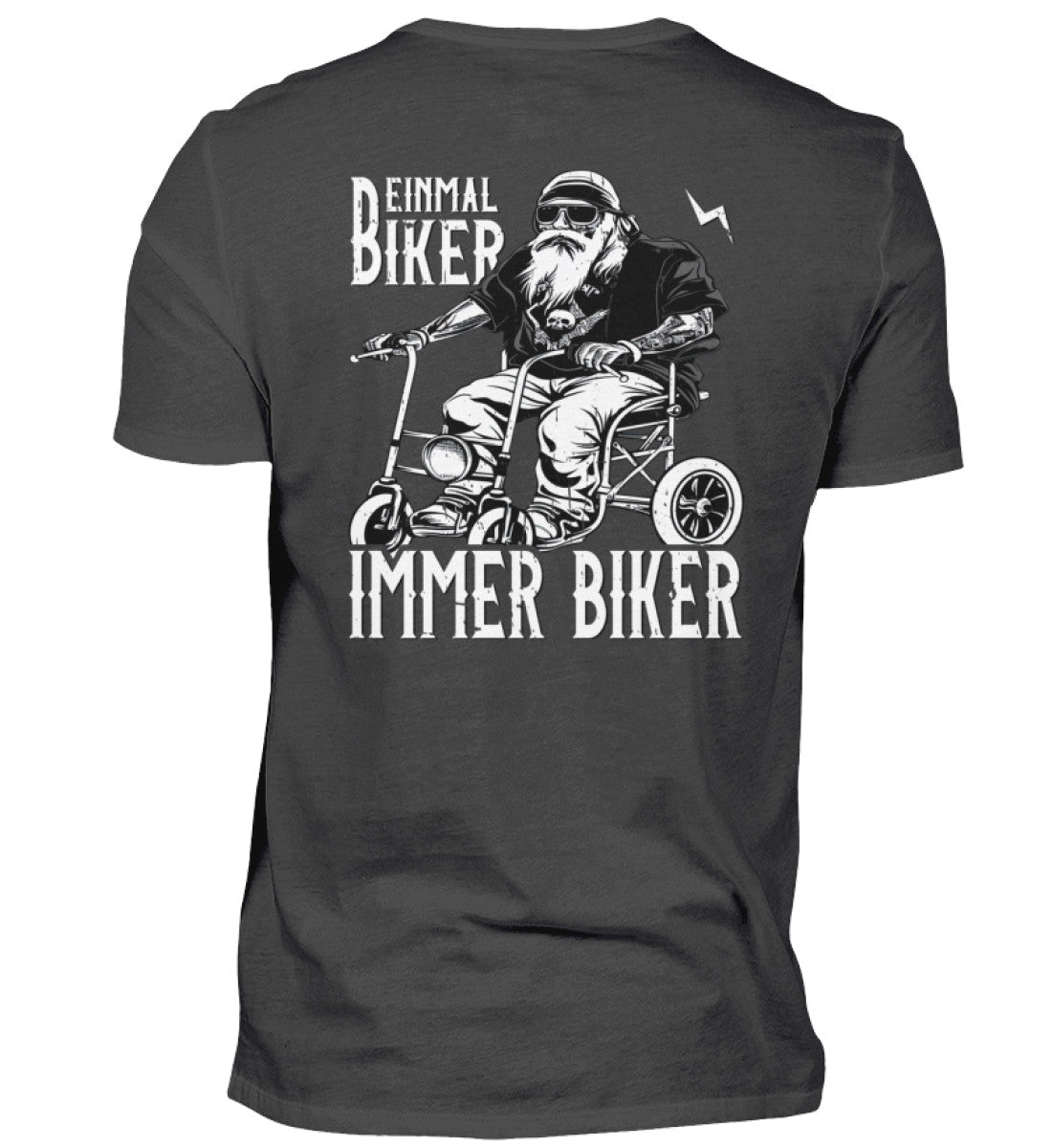 Ein Biker T-Shirt für Motorradfahrer von Wingbikers mit dem Aufdruck, Einmal Biker - Immer Biker - mit Back Print, in graphite.