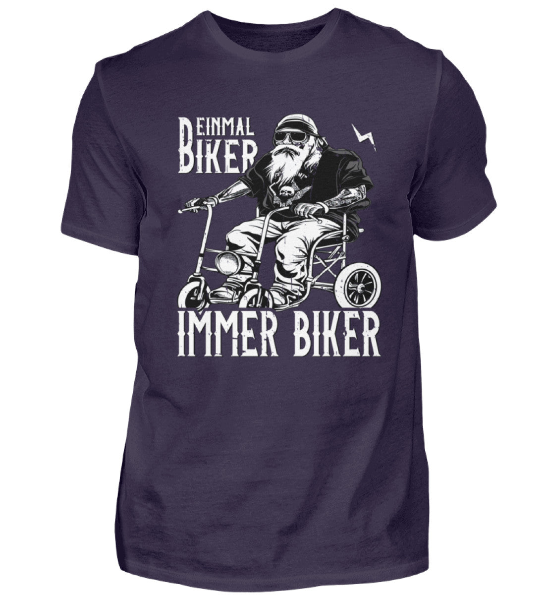 Ein Biker T-Shirt für Motorradfahrer von Wingbikers mit dem Aufdruck, Einmal Biker - Immer Biker - in aubergine.