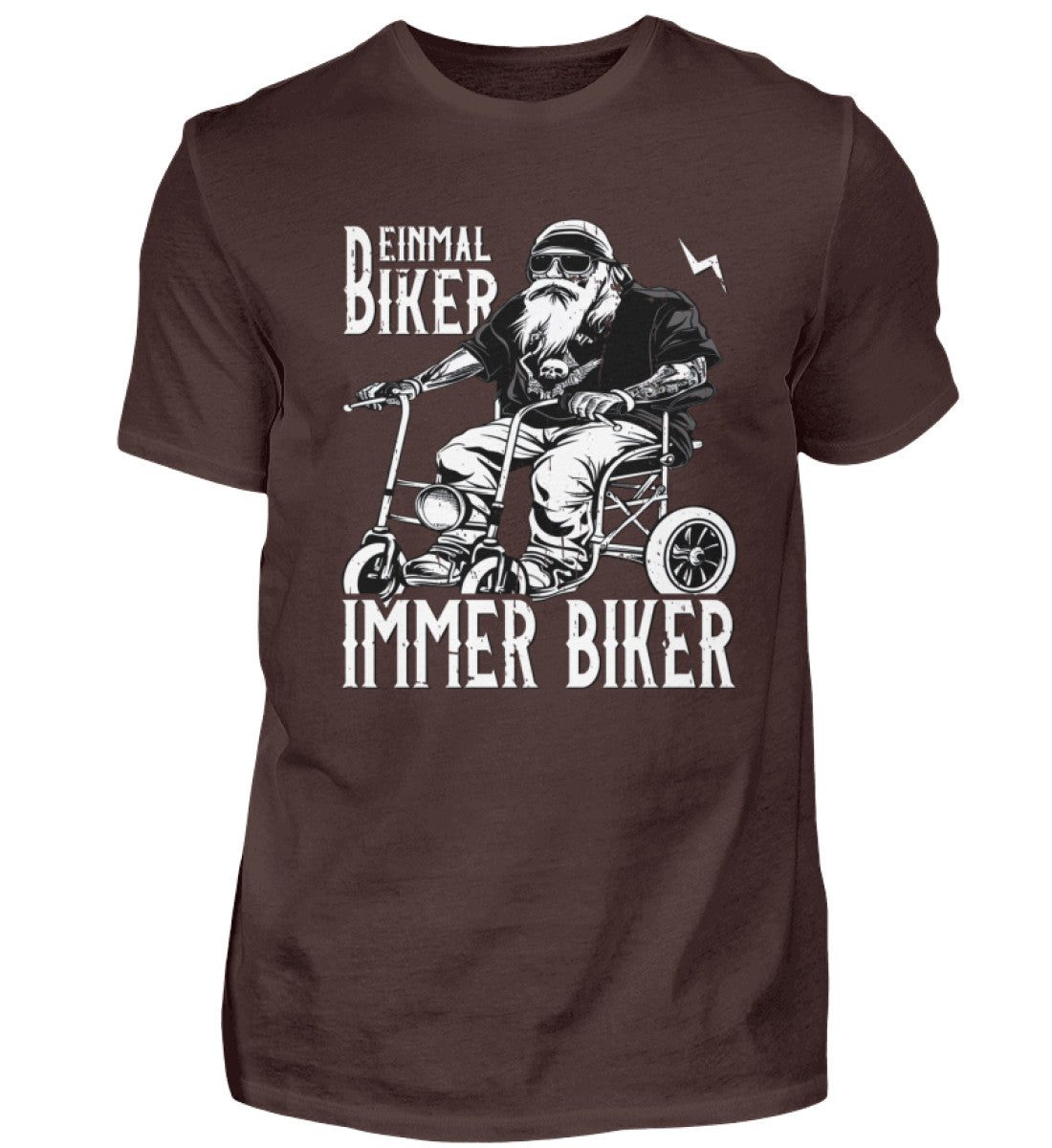 Ein Biker T-Shirt für Motorradfahrer von Wingbikers mit dem Aufdruck, Einmal Biker - Immer Biker - in braun.