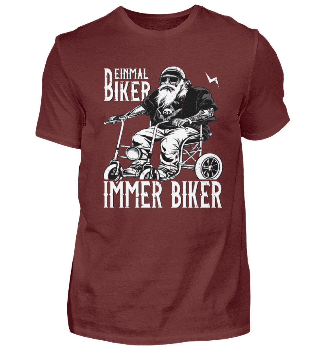 Ein Biker T-Shirt für Motorradfahrer von Wingbikers mit dem Aufdruck, Einmal Biker - Immer Biker - in weinrot.