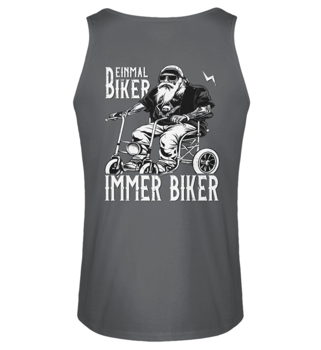Ein Biker Tanktop für Motorradfahrer von Wingbikers mit dem Aufdruck, Einmal Biker - Immer Biker - mit Back Print, in grau.