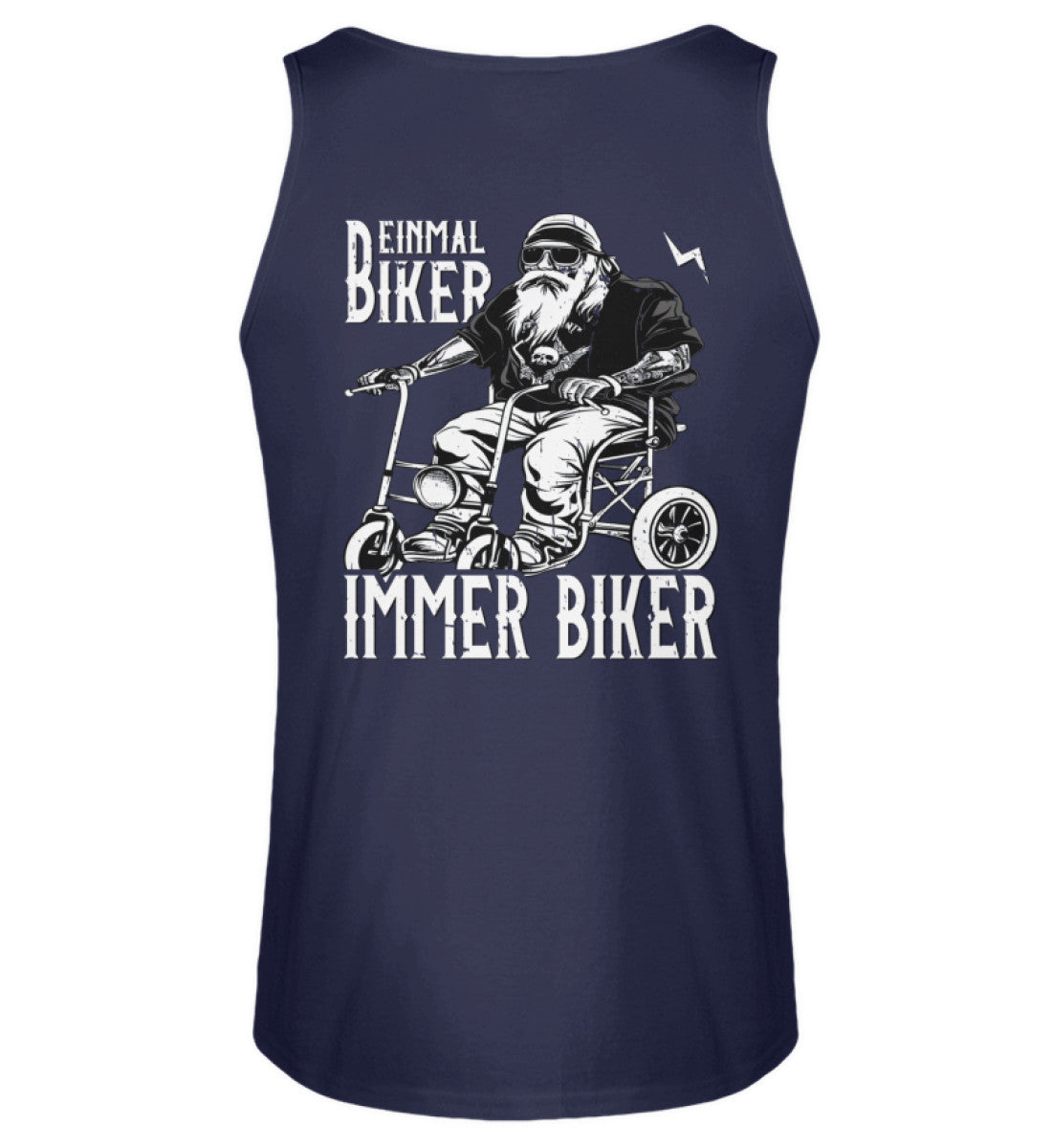 Ein Biker Tanktop für Motorradfahrer von Wingbikers mit dem Aufdruck, Einmal Biker - Immer Biker - mit Back Print, in navy.