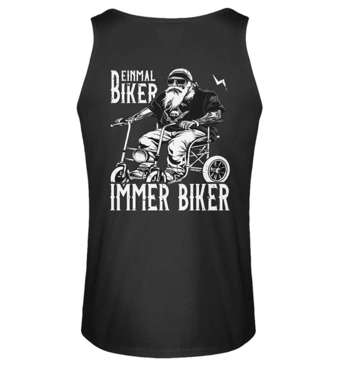 Ein Biker Tanktop für Motorradfahrer von Wingbikers mit dem Aufdruck, Einmal Biker - Immer Biker - mit Back Print, in schwarz.