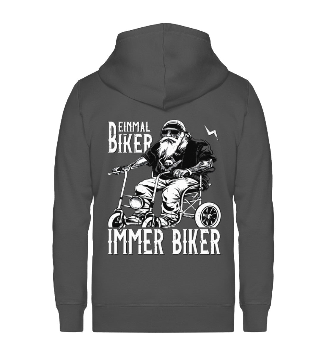 Ein Biker Zip-Hoodie für Motorradfahrer von Wingbikers mit dem Aufdruck, Einmal Biker - Immer Biker - in grau.