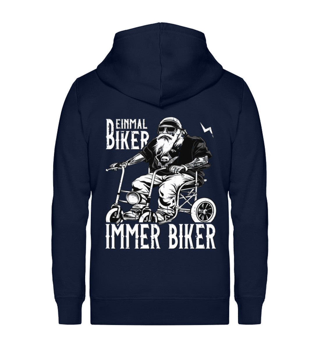 Ein Biker Zip-Hoodie für Motorradfahrer von Wingbikers mit dem Aufdruck, Einmal Biker - Immer Biker - in navy.