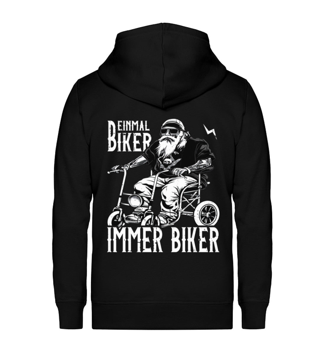 Ein Biker Zip-Hoodie für Motorradfahrer von Wingbikers mit dem Aufdruck, Einmal Biker - Immer Biker - in schwarz.