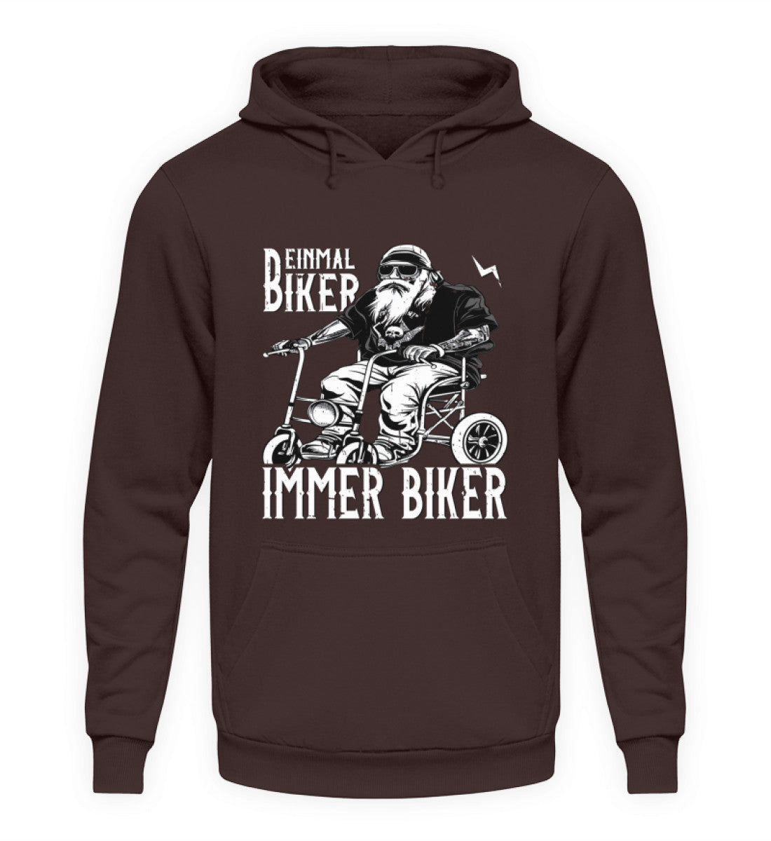 Ein Biker Hoodie für Motorradfahrer von Wingbikers mit dem Aufdruck, Einmal Biker - Immer Biker - in braun.