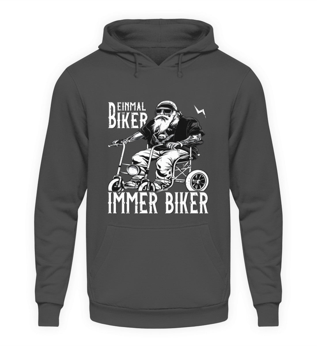 Ein Biker Hoodie für Motorradfahrer von Wingbikers mit dem Aufdruck, Einmal Biker - Immer Biker - in stahlgrau.
