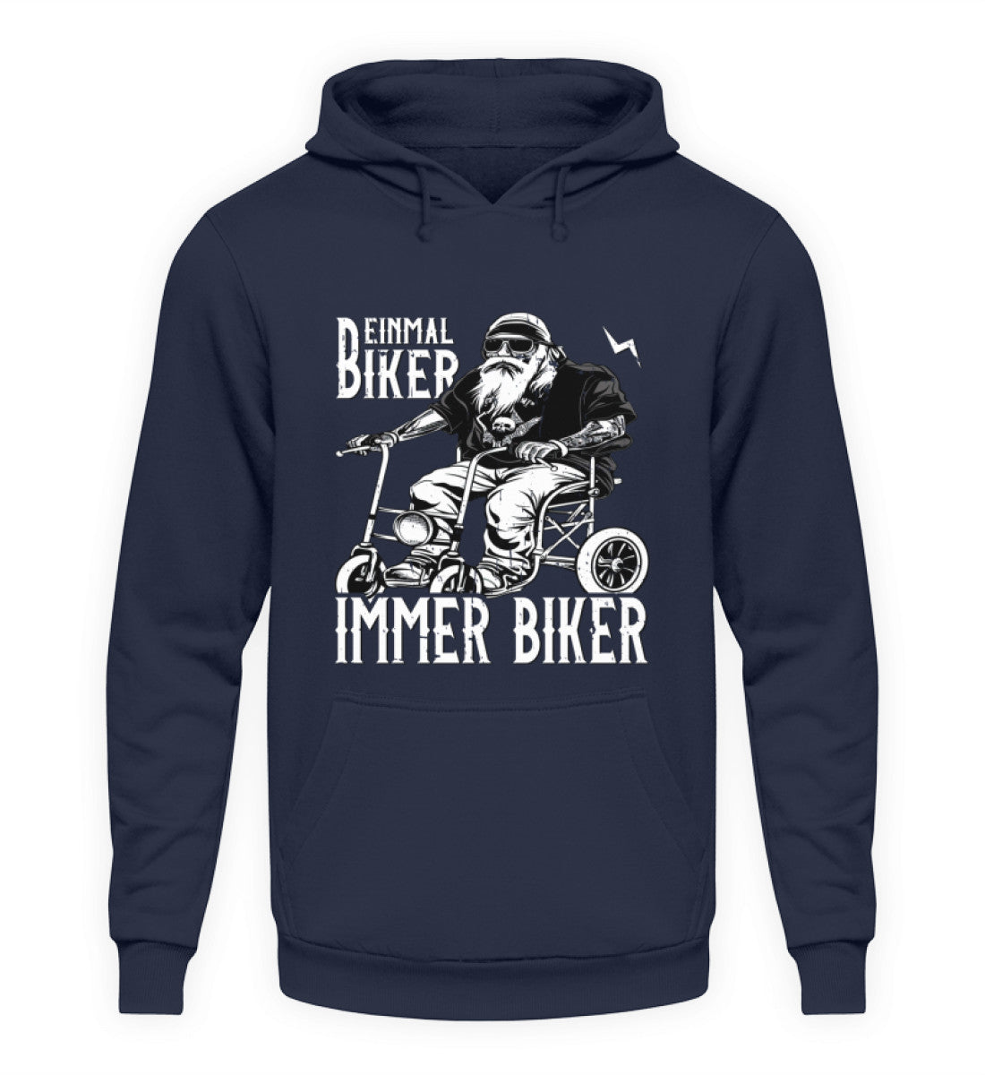 Ein Biker Hoodie für Motorradfahrer von Wingbikers mit dem Aufdruck, Einmal Biker - Immer Biker - in navy.
