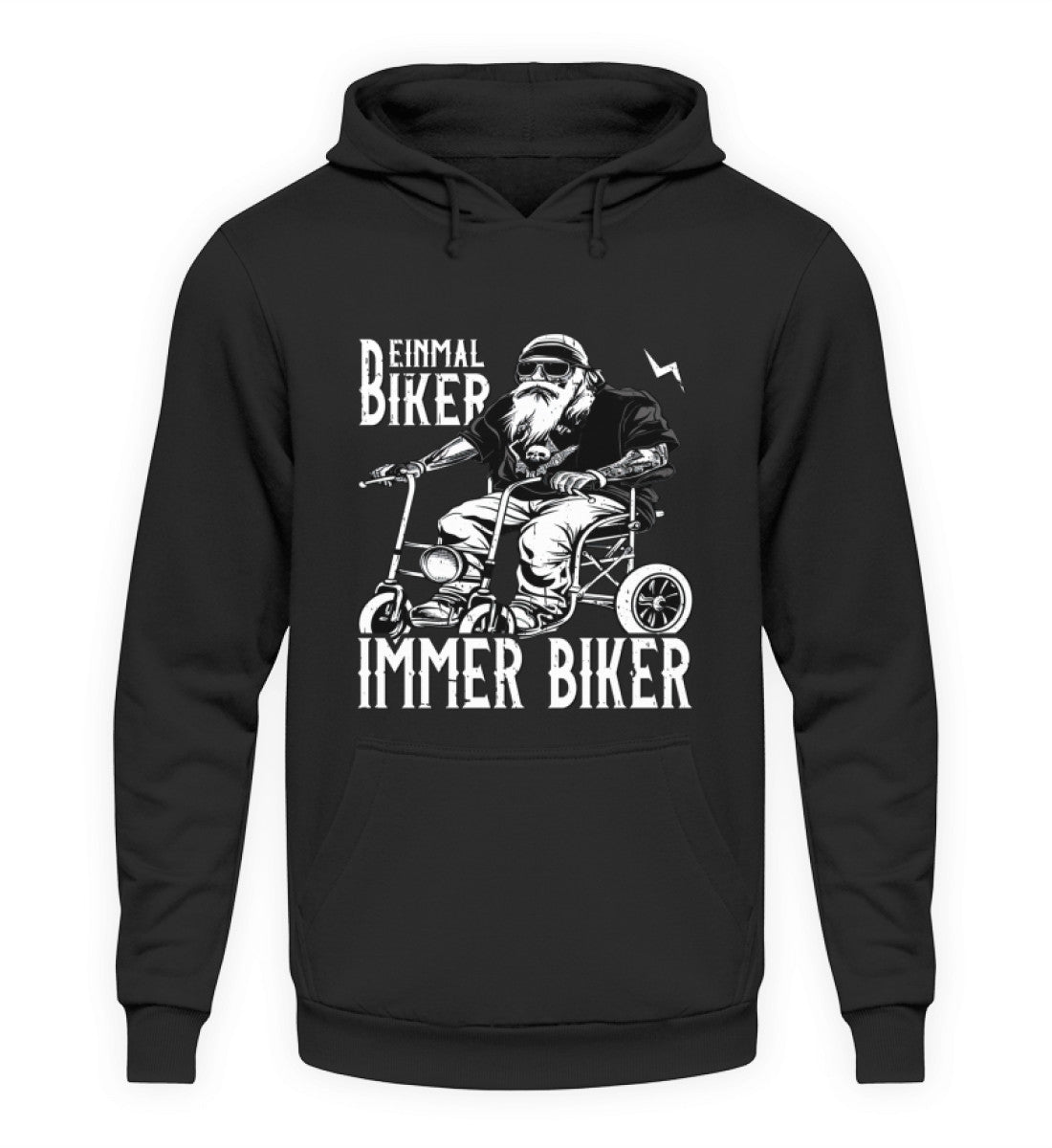 Ein Biker Hoodie für Motorradfahrer von Wingbikers mit dem Aufdruck, Einmal Biker - Immer Biker - in schwarz.