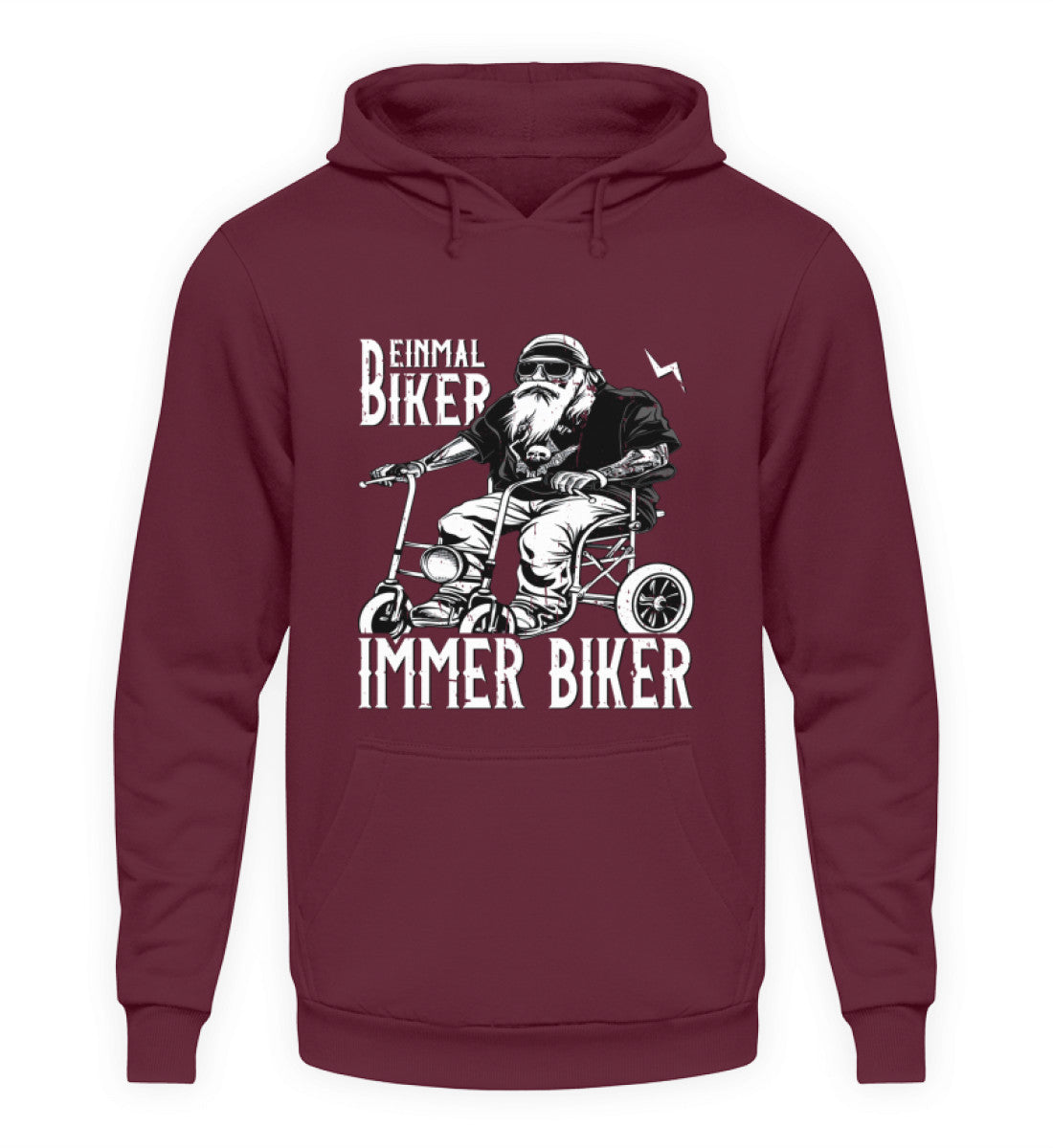 Ein Biker Hoodie für Motorradfahrer von Wingbikers mit dem Aufdruck, Einmal Biker - Immer Biker - in weinrot.