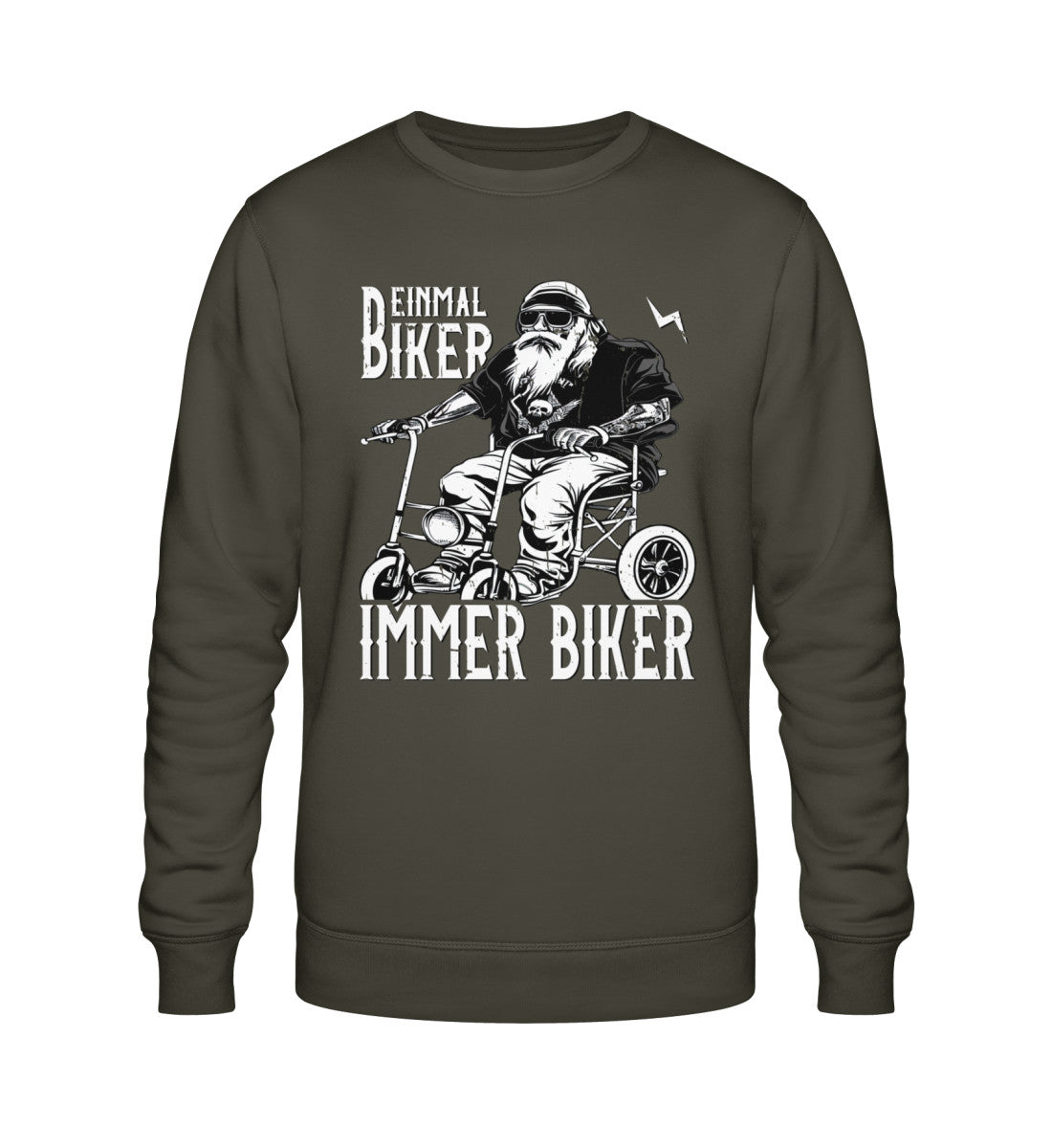 Ein Biker Sweatshirt für Motorradfahrer von Wingbikers mit dem Aufdruck, Einmal Biker - Immer Biker - in khaki.