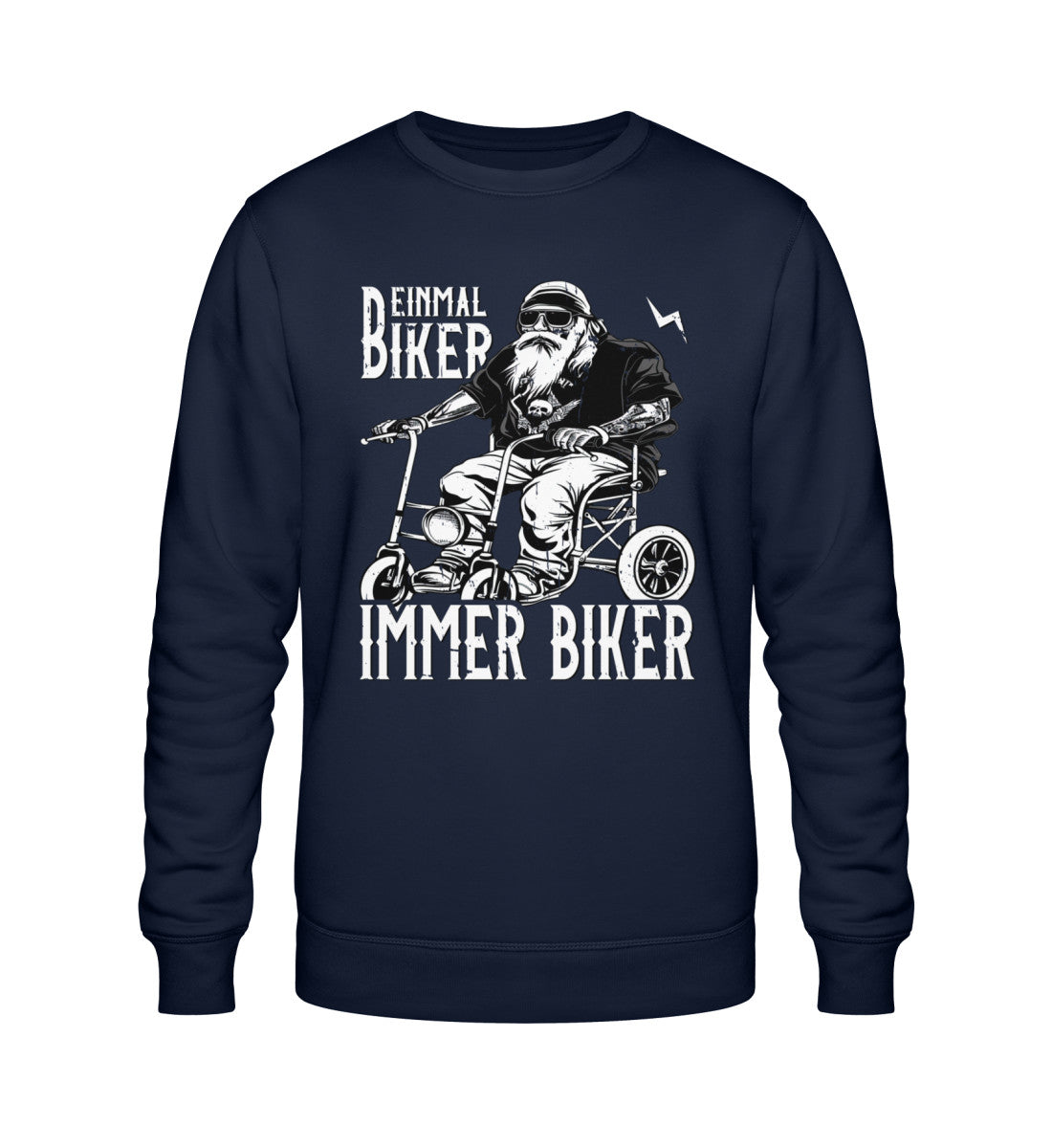 Ein Biker Sweatshirt für Motorradfahrer von Wingbikers mit dem Aufdruck, Einmal Biker - Immer Biker - in navy.