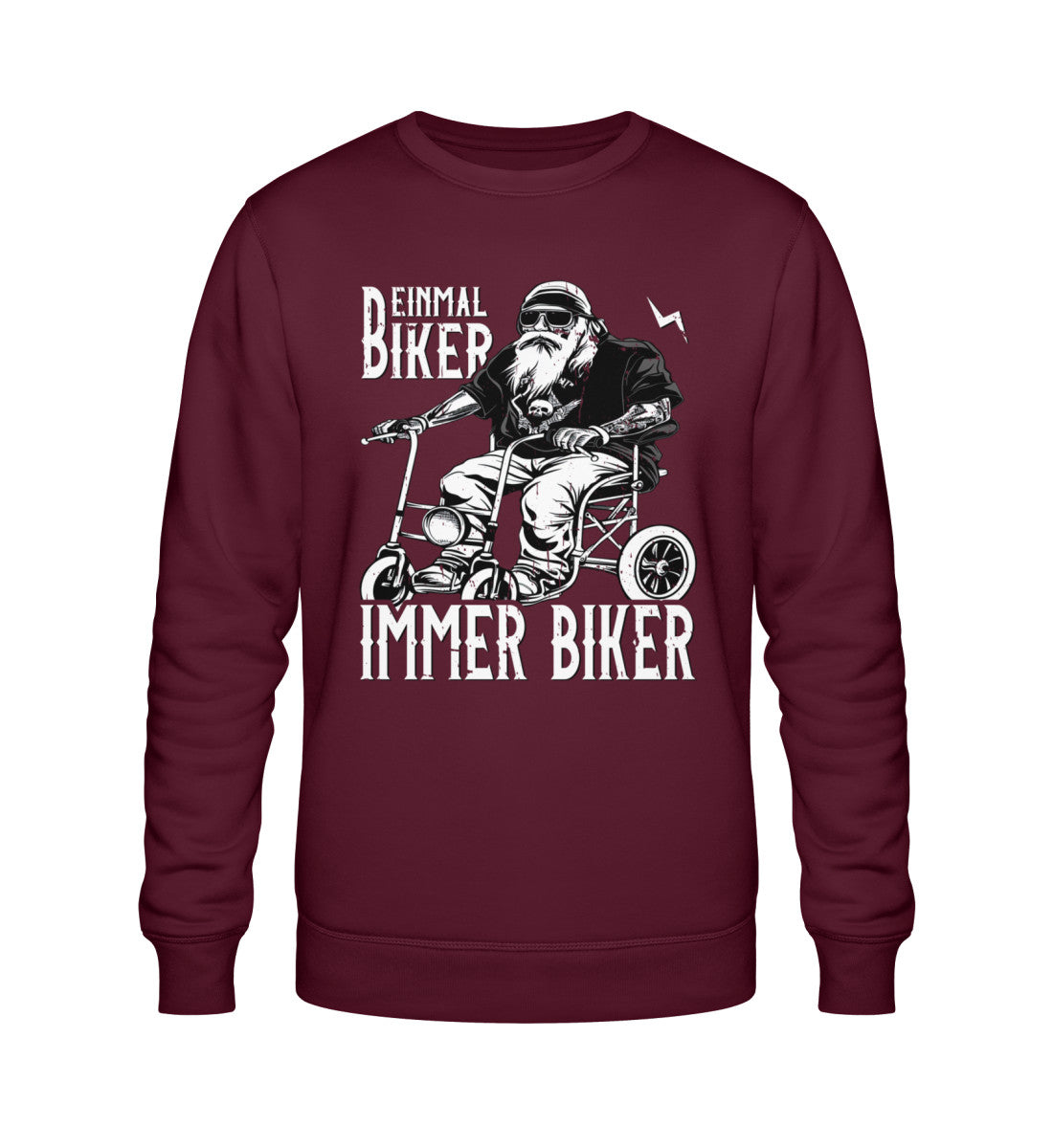 Ein Biker Sweatshirt für Motorradfahrer von Wingbikers mit dem Aufdruck, Einmal Biker - Immer Biker - in burgunder.
