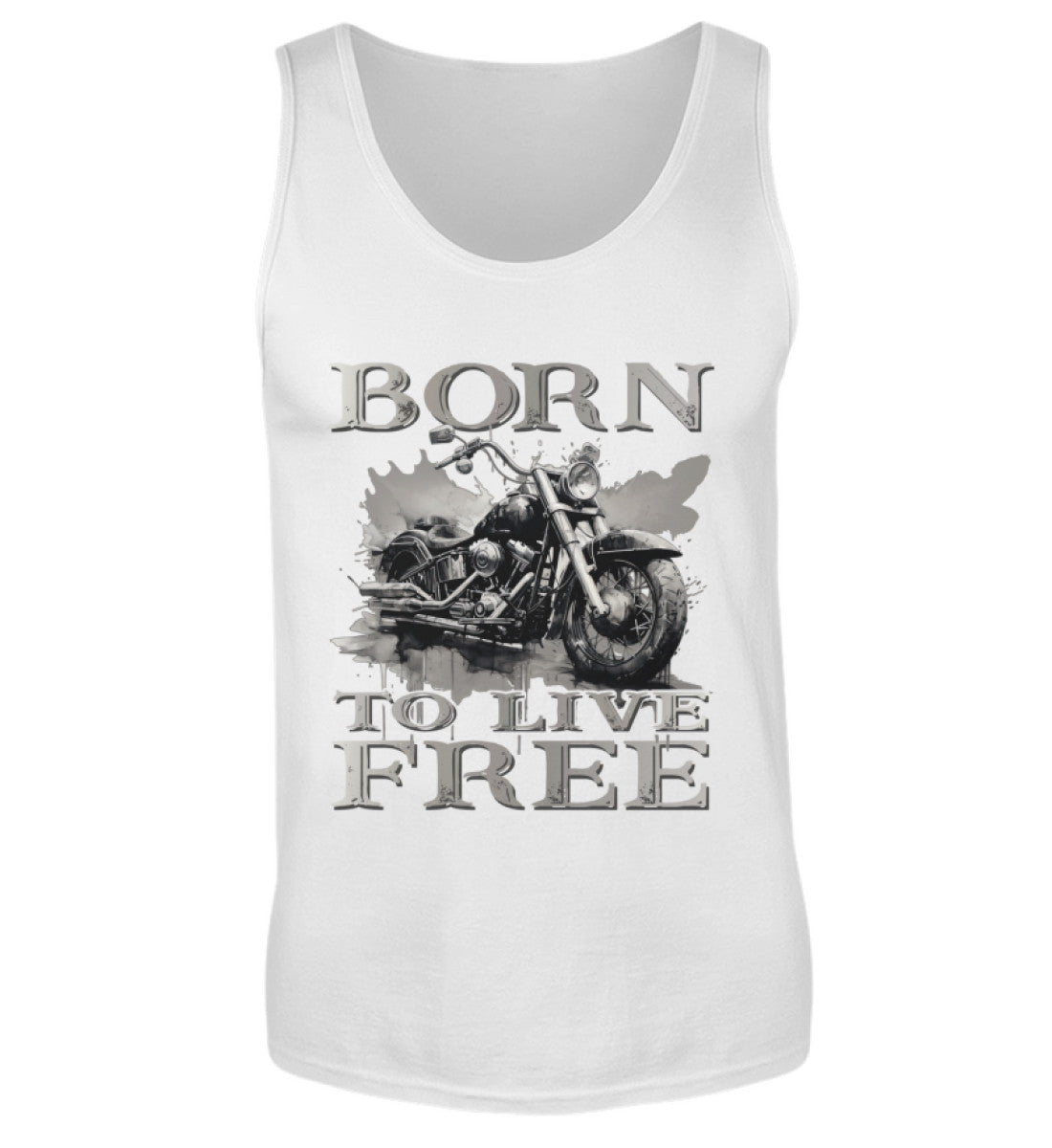 Ein Biker Tanktop für Motorradfahrer von Wingbikers mit dem Aufdruck, Born to Live Free, in weiß.