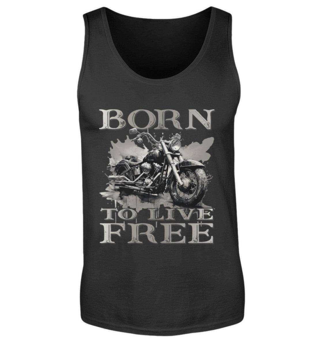 Ein Biker Tanktop für Motorradfahrer von Wingbikers mit dem Aufdruck, Born to Live Free, in schwarz.