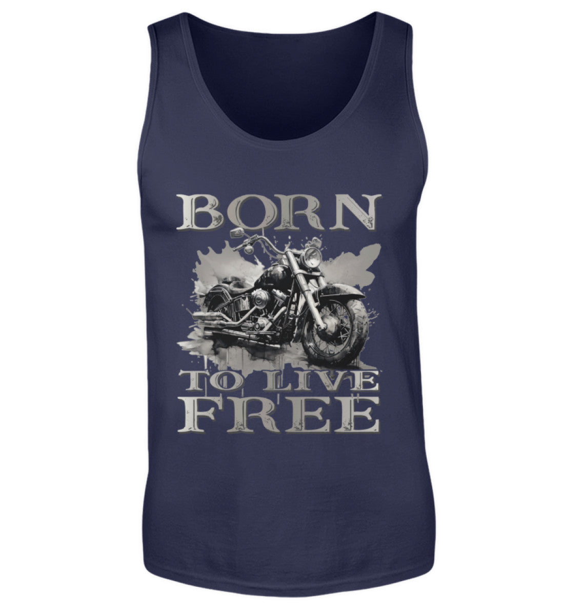 Ein Biker Tanktop für Motorradfahrer von Wingbikers mit dem Aufdruck, Born to Live Free, in navy blau.