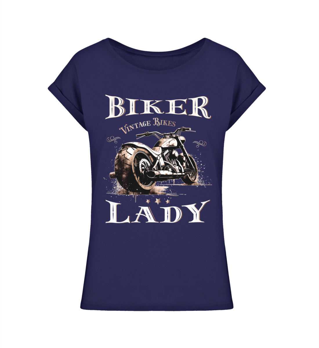 Ein Bikerin T-Shirt für Motorradfahrerinnen, von Wingbikers, mit dem Aufdruck, Biker Lady - im vintage Stil, in navy blau, leger geschnitten.
