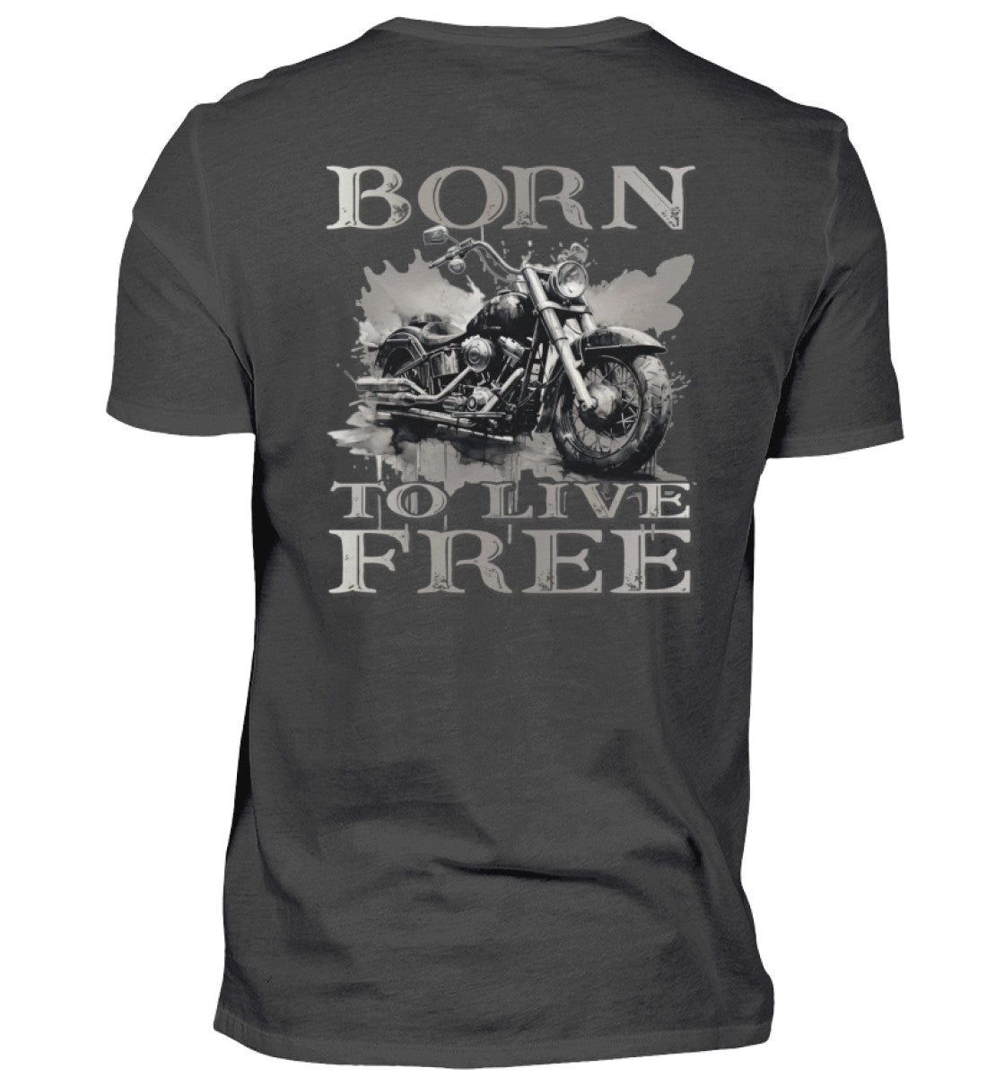 Ein Biker T-Shirt für Motorradfahrer von Wingbikers mit dem Aufdruck, Born to Live Free - mit Back Print, in dunkelgrau.