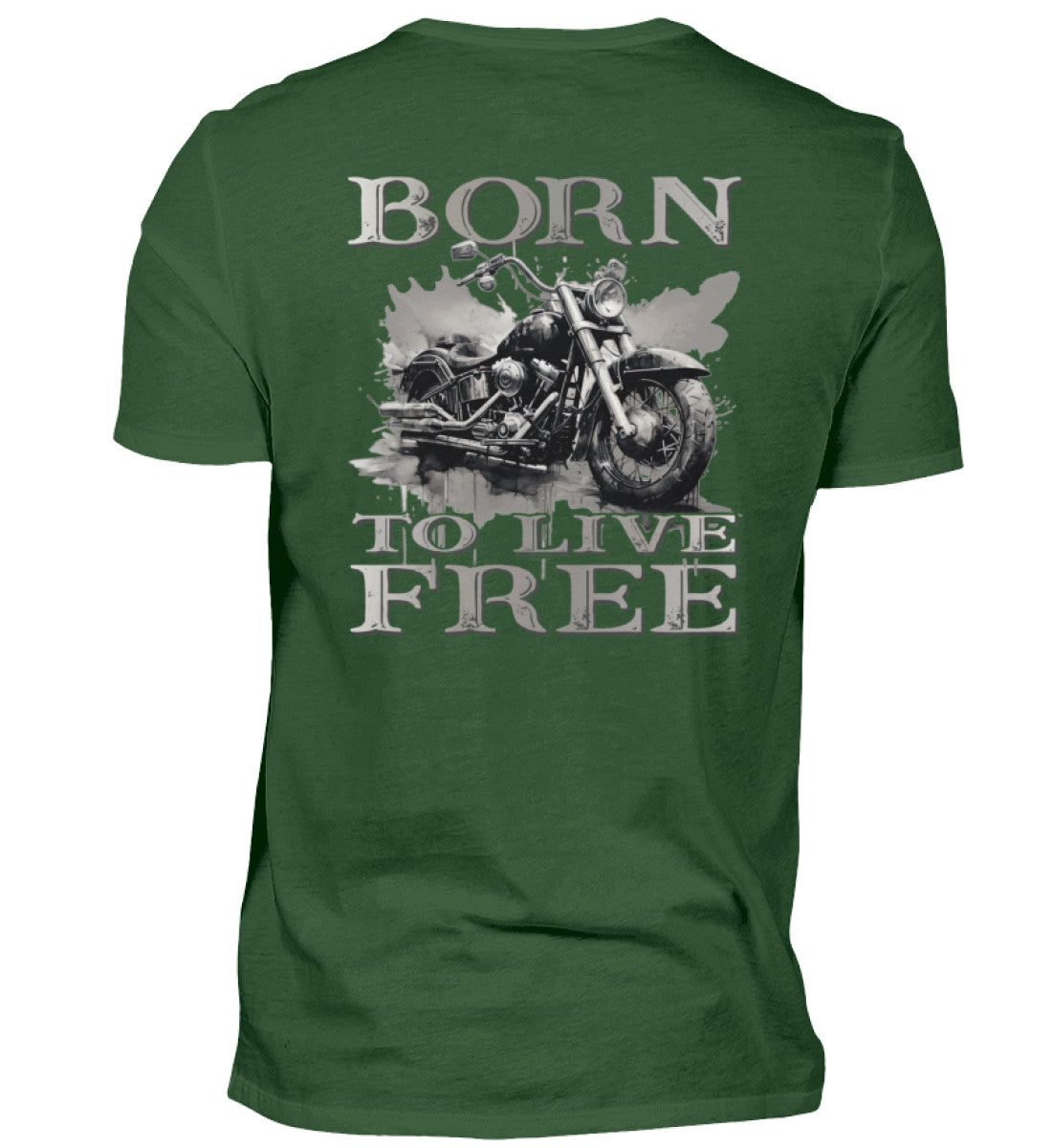 Ein Biker T-Shirt für Motorradfahrer von Wingbikers mit dem Aufdruck, Born to Live Free - mit Back Print, in dunkelgrün.