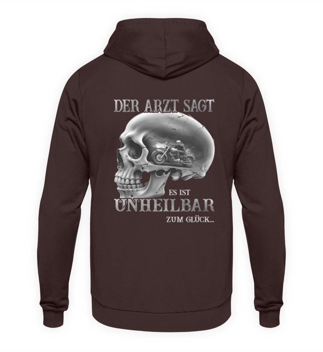 Ein Biker Hoodie für Motorradfahrer von Wingbikers mit dem Aufdruck, Der Arzt sagt, es ist unheilbar - Zum Glück!, in braun, Ansicht von Hinten.