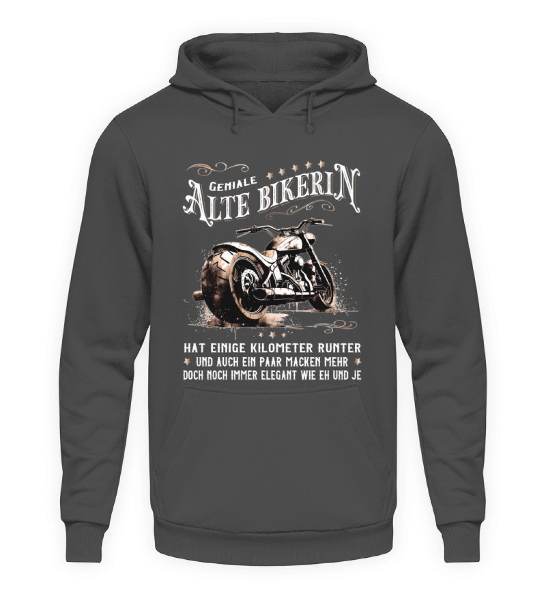 Ein Bikerin Hoodie für Motorradfahrerinnen von Wingbikers mit dem Aufdruck, Alte Bikerin - Einige Kilometer Runter - Doch elegant wie eh und je - gerader Schnitt, in grau.