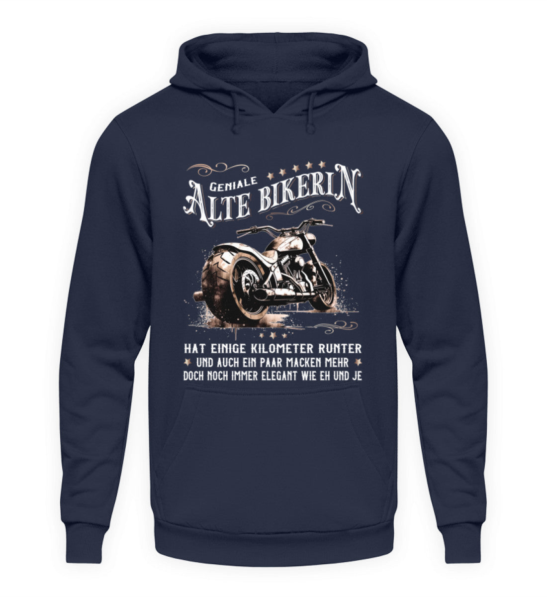 Ein Bikerin Hoodie für Motorradfahrerinnen von Wingbikers mit dem Aufdruck, Alte Bikerin - Einige Kilometer Runter - Doch elegant wie eh und je - gerader Schnitt, in navy.