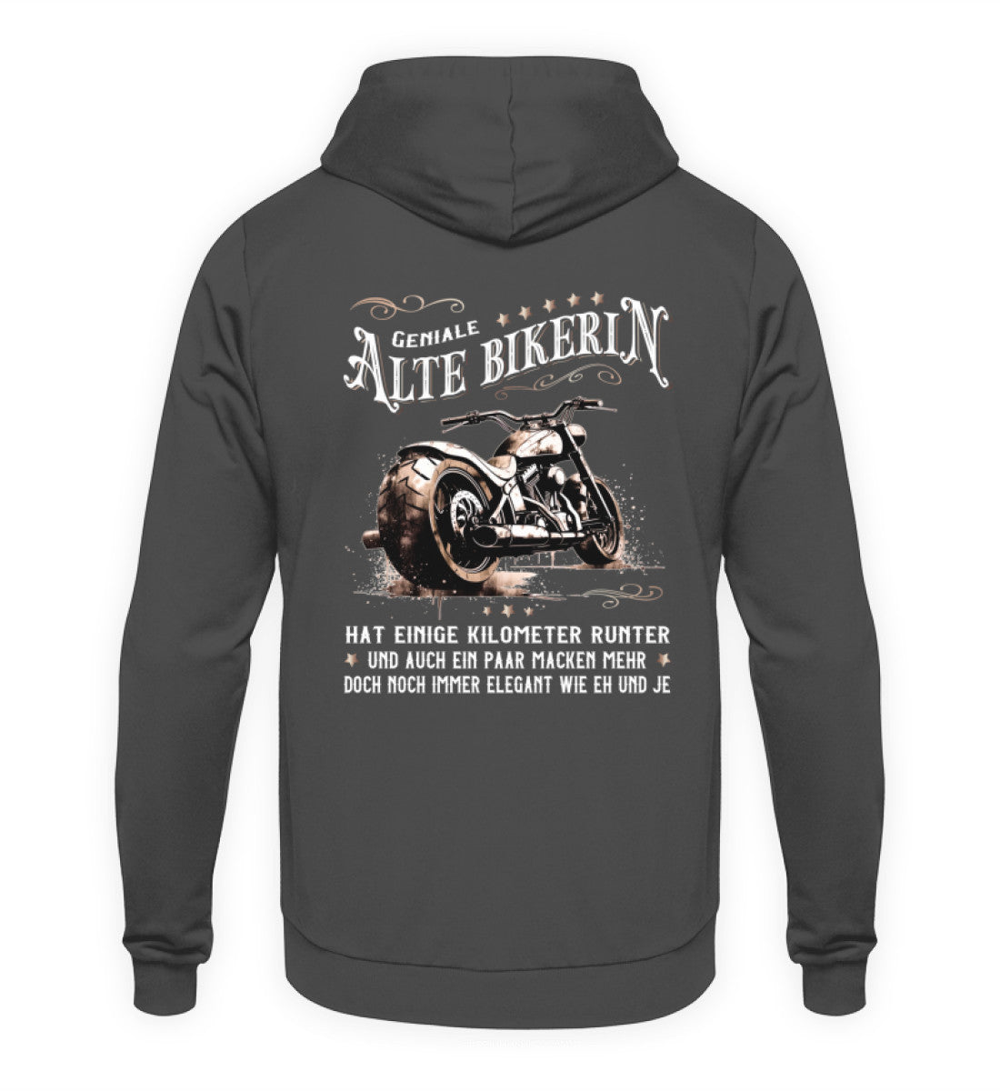 Ein Bikerin Hoodie für Motorradfahrerinnen von Wingbikers mit dem Aufdruck, Alte Bikerin - Einige Kilometer Runter - Doch elegant wie eh und je - gerader Schnitt, mit Back Print, in grau.