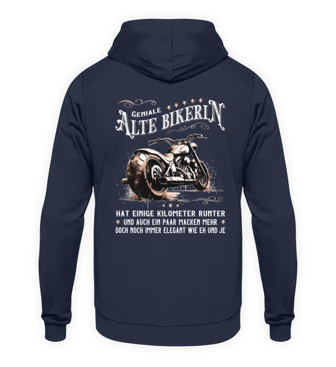 Ein Bikerin Hoodie für Motorradfahrerinnen von Wingbikers mit dem Aufdruck, Alte Bikerin - Einige Kilometer Runter - Doch elegant wie eh und je - gerader Schnitt, mit Back Print, in navy.