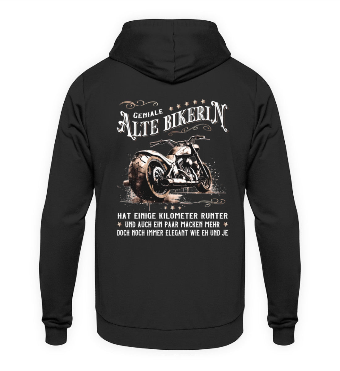 Ein Bikerin Hoodie für Motorradfahrerinnen von Wingbikers mit dem Aufdruck, Alte Bikerin - Einige Kilometer Runter - Doch elegant wie eh und je - gerader Schnitt, mit Back Print, in schwarz.