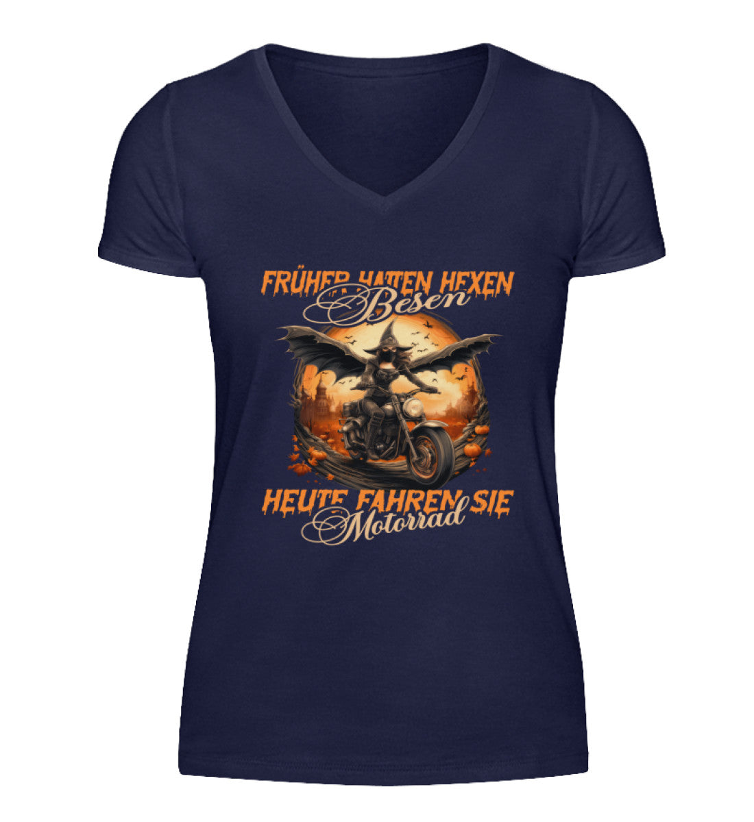 Ein Motorrad T-Shirt mit V-Ausschnitt für Halloween von WingBikers, mit dem Aufdruck, Früher hatten Hexen Besen, heute fahren sie Motorrad, in navy.