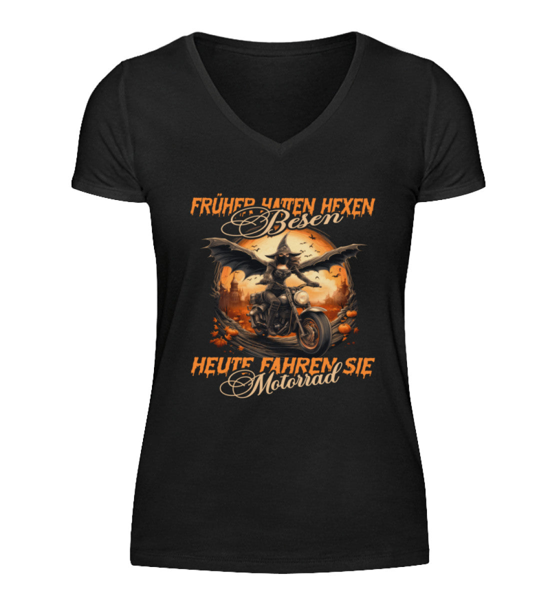 Ein Motorrad T-Shirt mit V-Ausschnitt für Halloween von WingBikers, mit dem Aufdruck, Früher hatten Hexen Besen, heute fahren sie Motorrad, in schwarz.