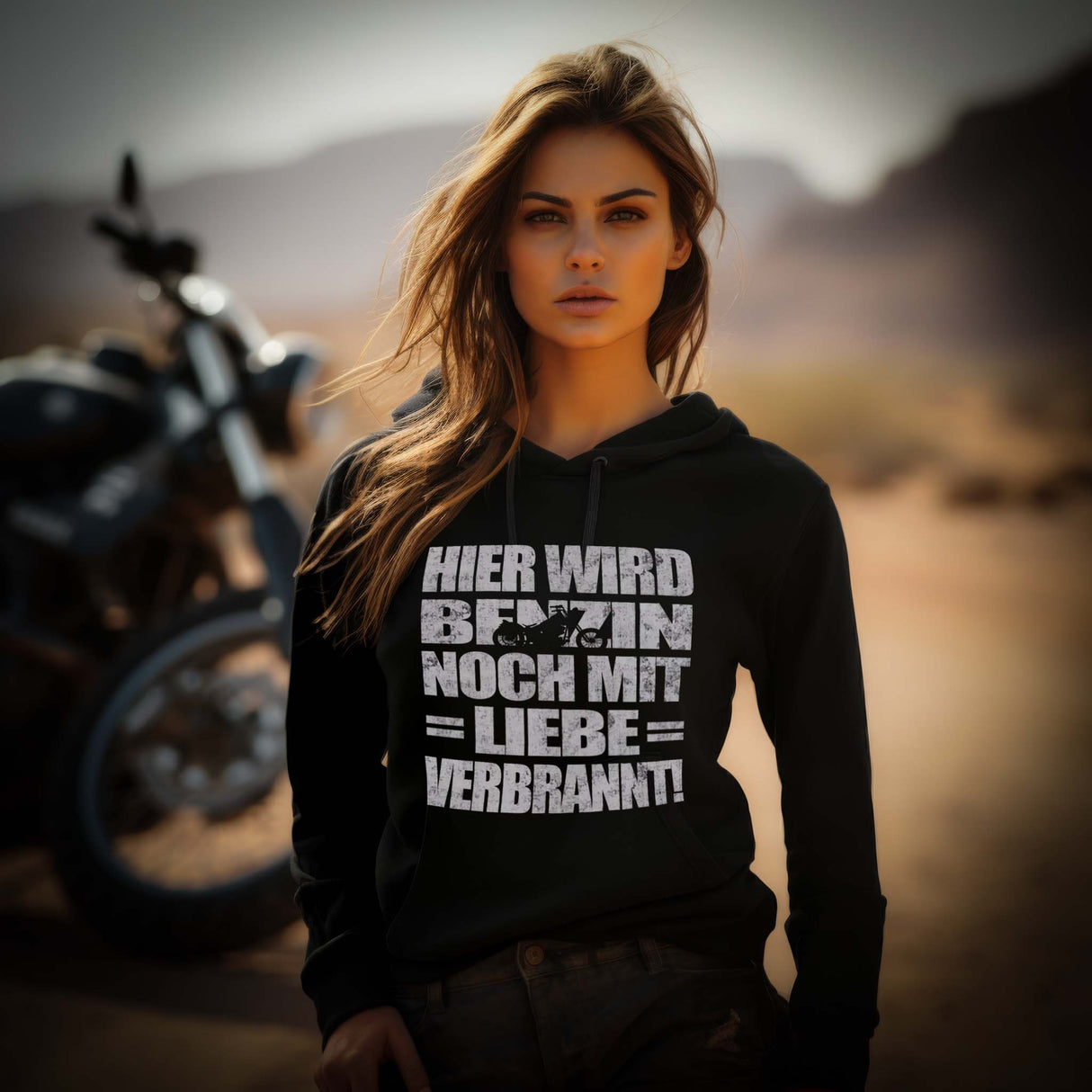 Eine Motorradfahrerin mit einem Hoodie von Wingbikers mit dem Aufdruck, Hier wird Benzin noch mit Liebe verbrannt - in schwarz.