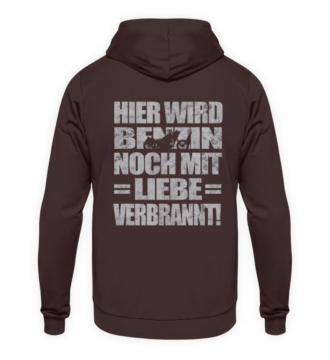Ein Biker Hoodie für Motorradfahrer von Wingbikers mit dem Aufdruck, Hier wird Benzin noch mit Liebe verbrannt - mit Back Print, in braun.